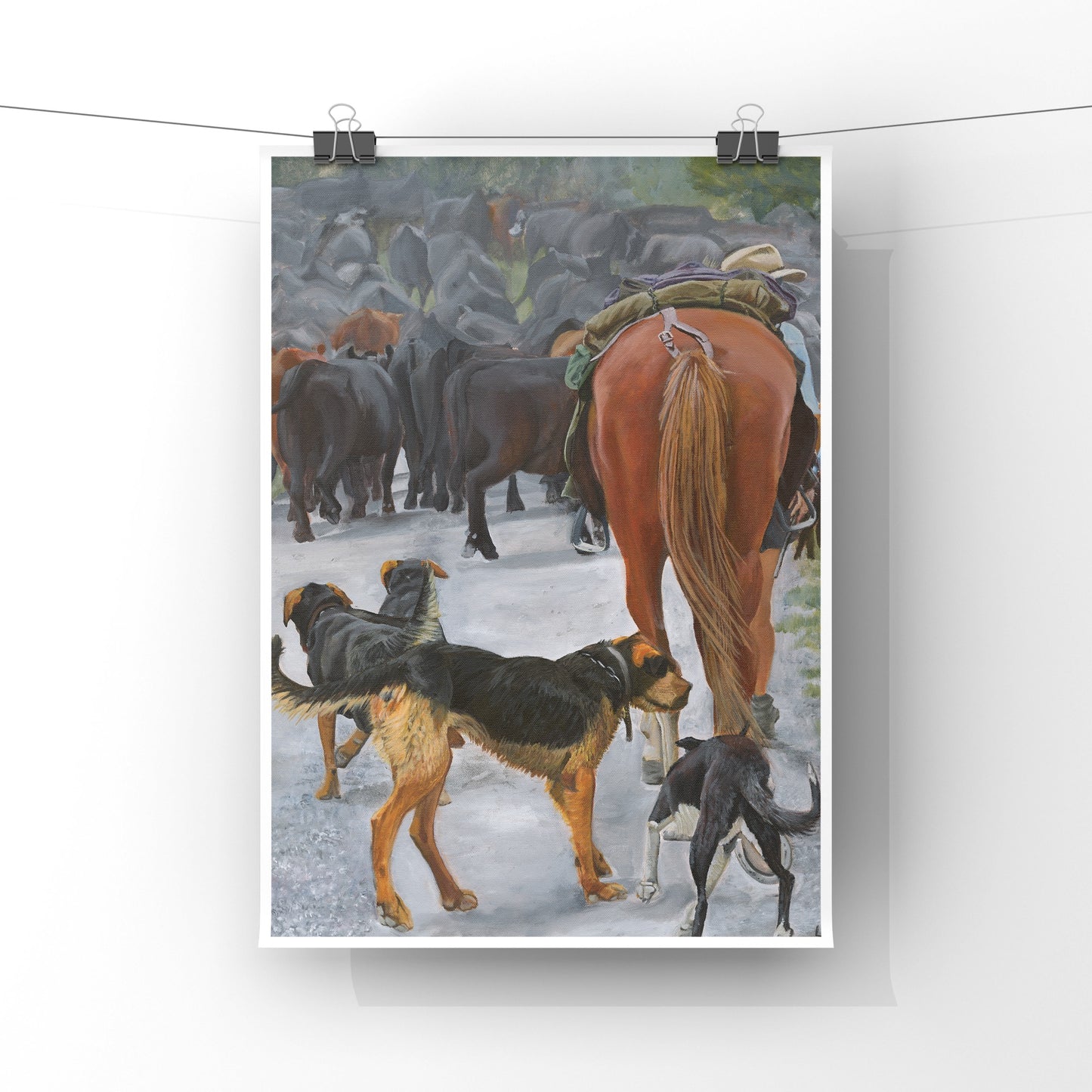Painting showing dogs, a horse and a farmer mustering cattle